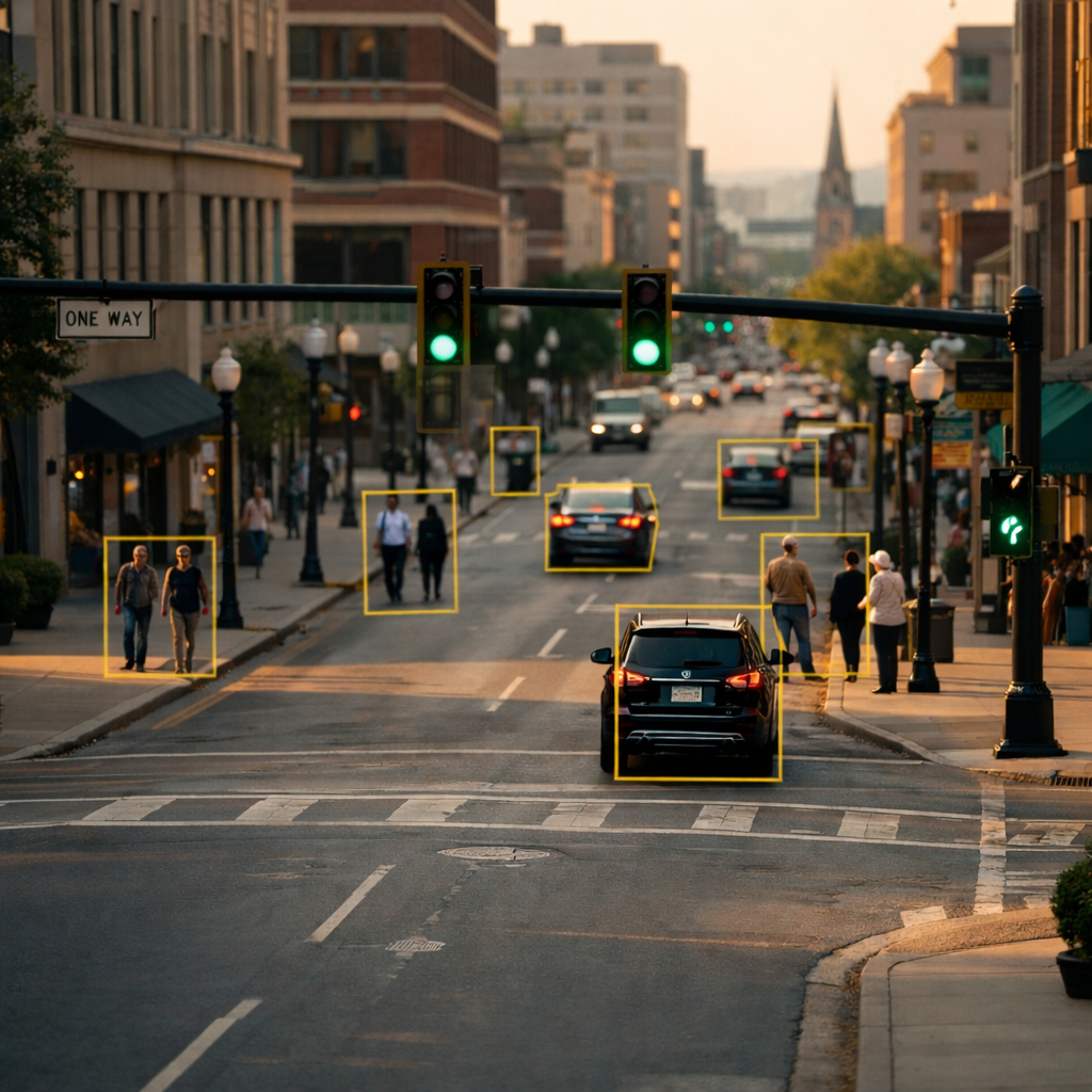 Street intersection with object detection overlays