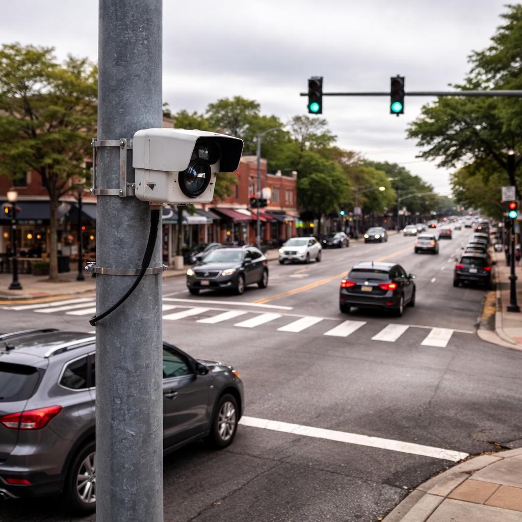 Traffic camera mounted on a pole overlooking a city street