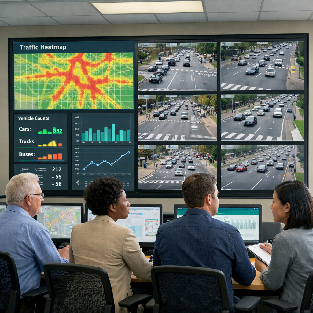 Team reviewing traffic analytics on large monitor wall